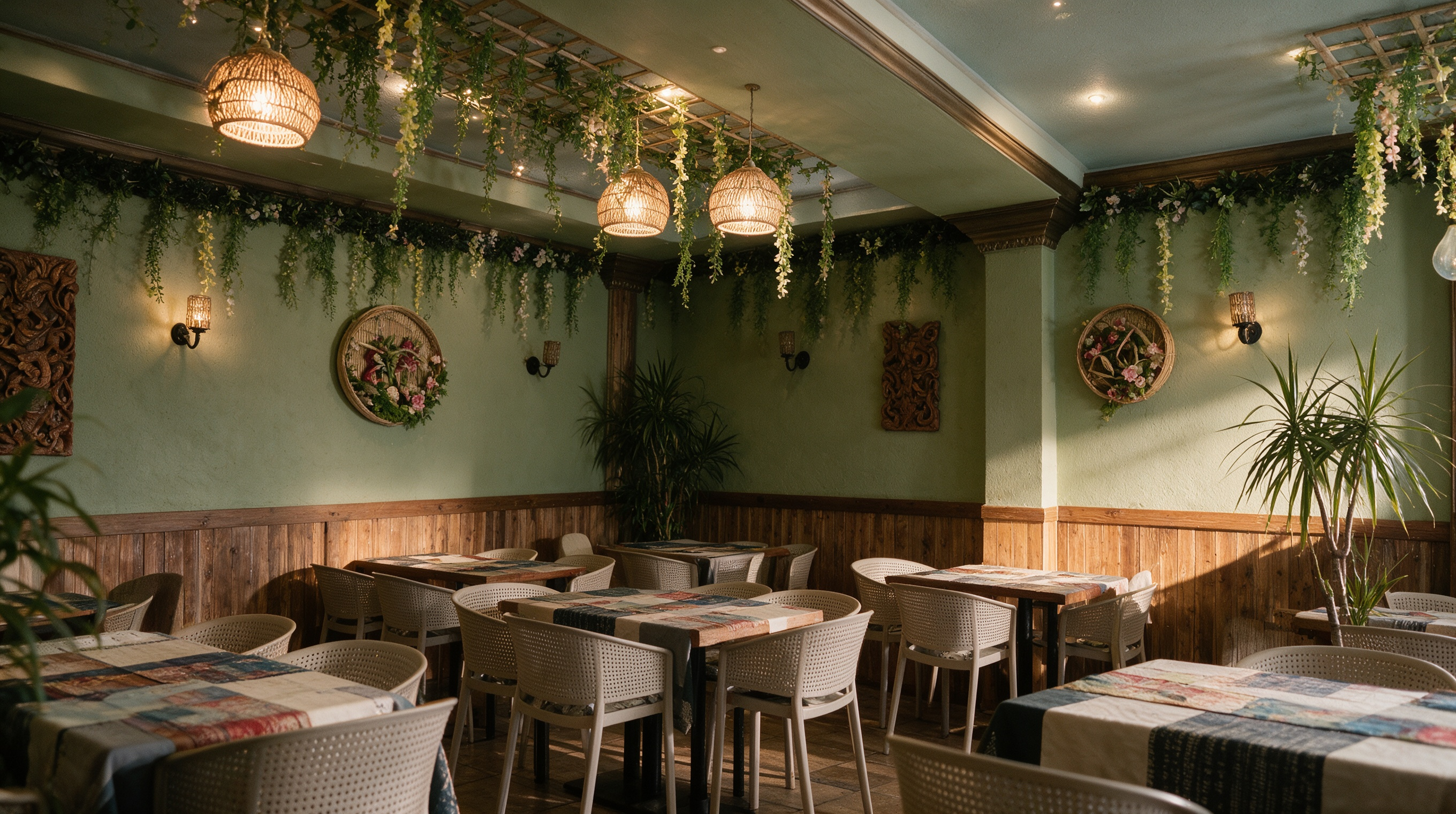 Comedor jardín de Thai Garden con paredes verdes, plantas colgantes y lámparas de mimbre