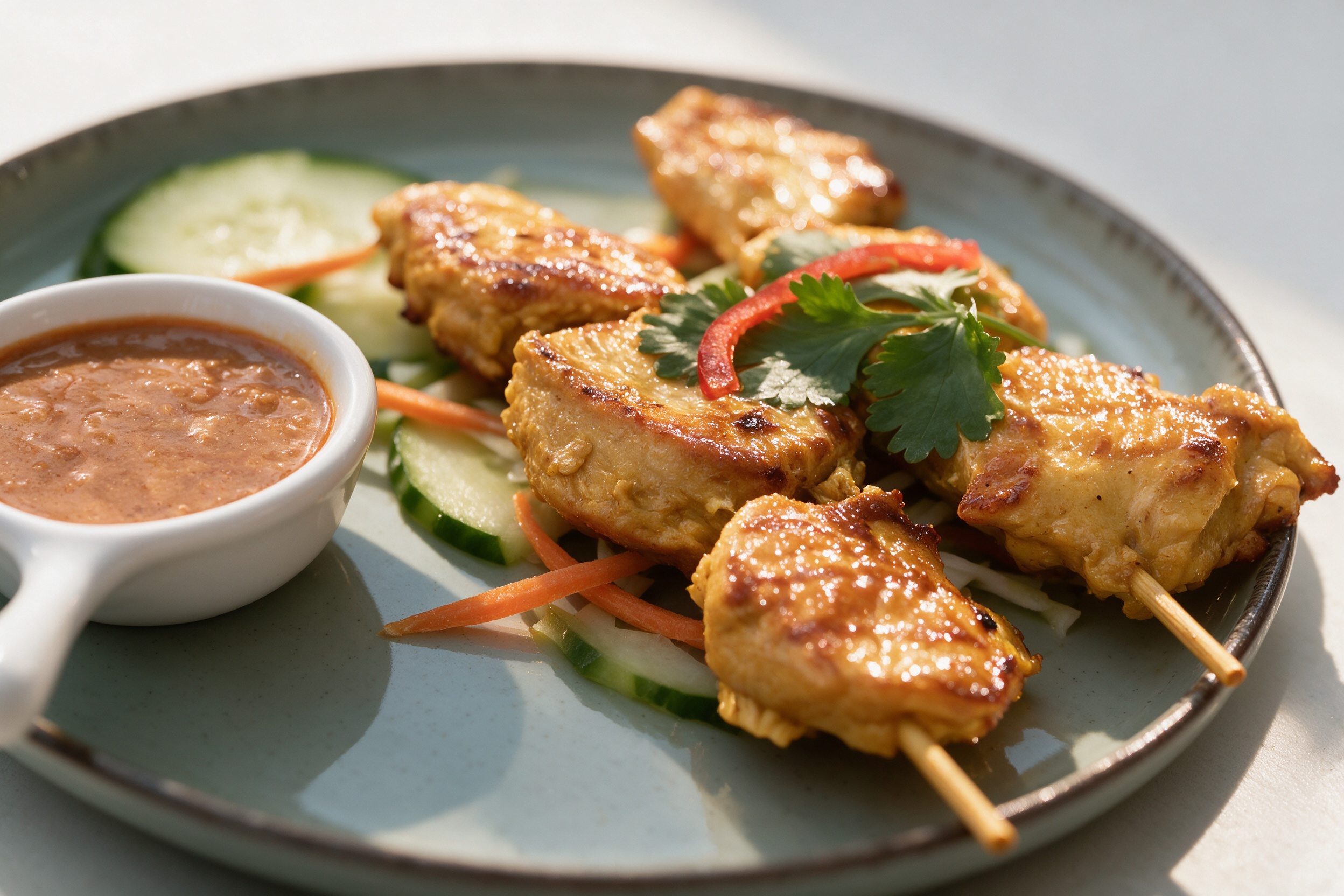 Satay de pollo con salsa de cacahuete casera y guarnición de pepino y zanahoria