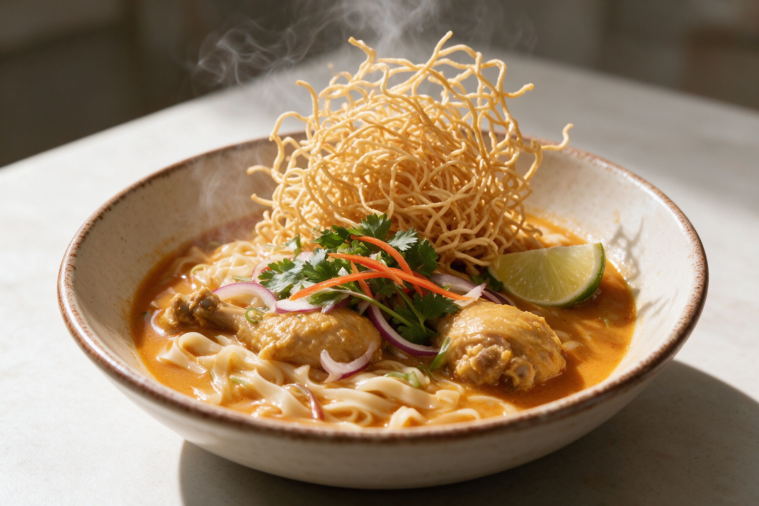 Khao soi: curry tailandés del norte con fideos crujientes, leche de coco y muslo de pollo