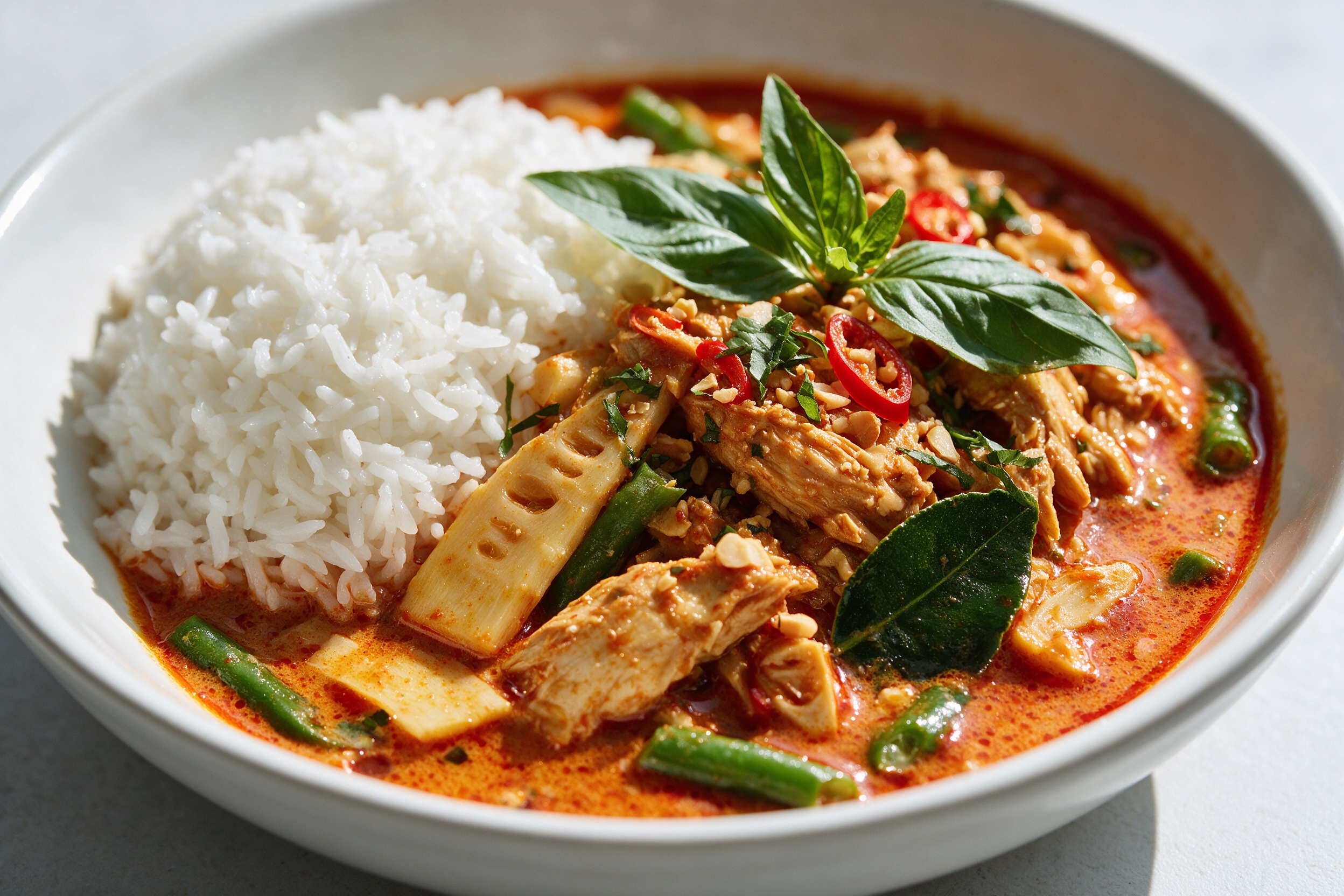 Penang curry de pollo con brotes de bambú, judías verdes, albahaca y arroz jazmín